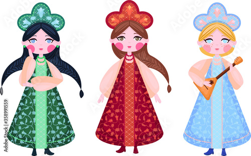 Set of 3 russian girls in traditional suits, cartoon characters, illustration, russian culture