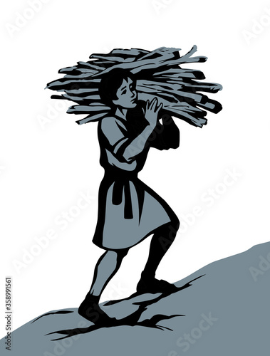 Man carries firewood. Vector drawing