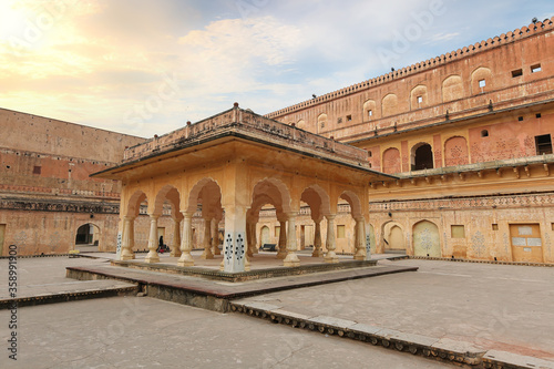 Amber Fort medieval royal palace architecture ruins at Jaipur, Rajasthan, India. Amer Fort is a UNESCO World Heritage site and popular tourist destination