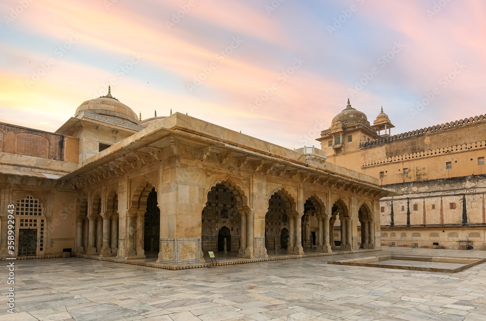 Amber Fort medieval royal palace white marble architecture at Jaipur, Rajasthan, India. built in the year 1592 Amer Fort is a UNESCO World Heritage site and popular tourist destination