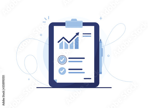 Clipboard vector illustration of analysis list with pen. Document with a sales schedule. Statistics, rise. Sales curve. Report sheet. Blue notebook, tablet. Check mark. Eps 10
