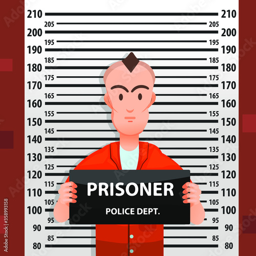 Criminal mugshot front view with height chart behind