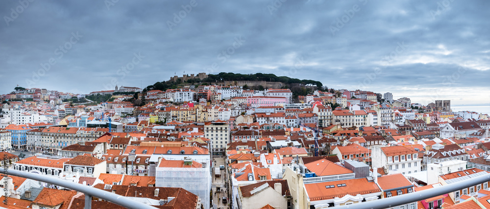Wide angle panoramic view from the Santa Justa lift elevator to the old part of Lisbon.
