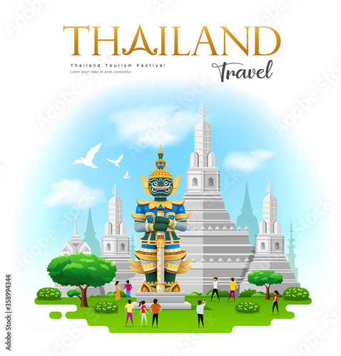 thai giant with Arun temple in bangkok thailand travel design on blue cloud and sky background, vector illustration