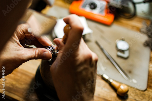 close-up. The jeweler makes a silver ring. On the island of Bali. Indonesia