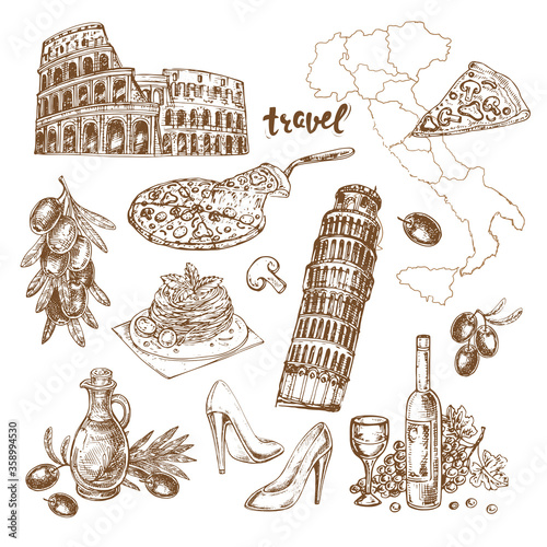 Hand drawn sketch illustration Italy collection on a white background. Retro style