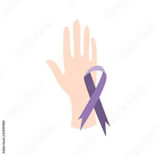 Hand with purple awareness ribbon. Femicide, feminicide concept. Domestic violence. Flat vector illustration