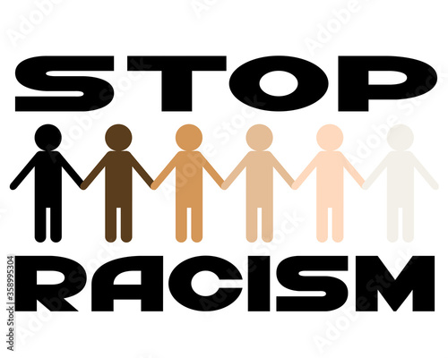 Multi-colored figures of people on a white background. Poster on topic of stop racism