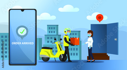 illustration of package delivery in the midst of an outbreak via a mobile application