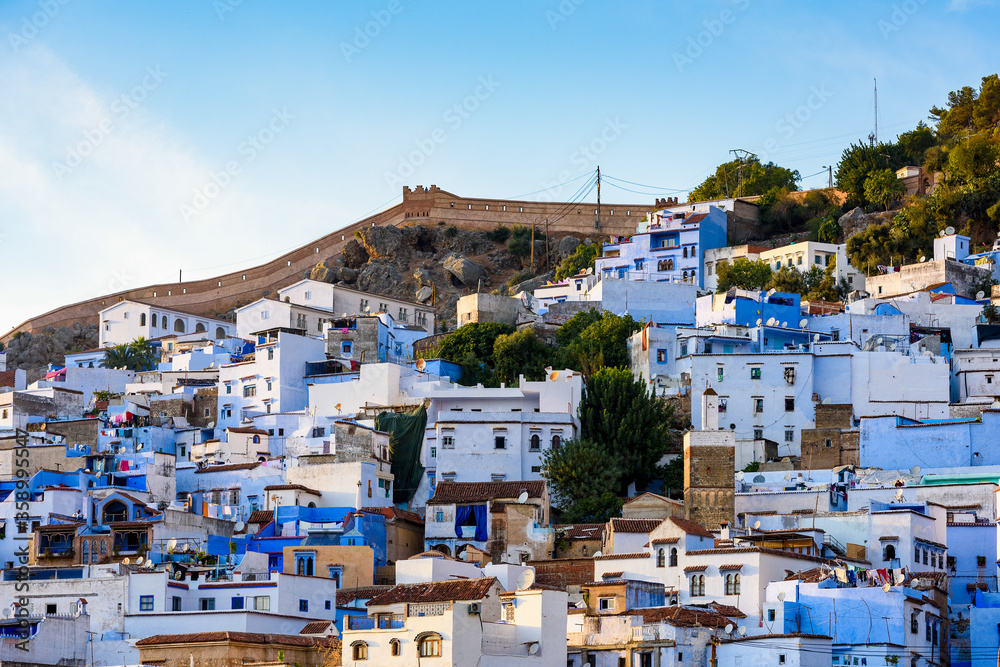 It's Panorama of Chefchaouen, Morocco. Town famous by the blue painted walls of the houses
