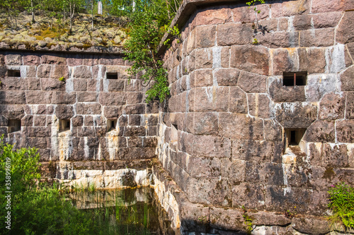 Old fortified wall in the moat in Vaberget fortress in Sweden