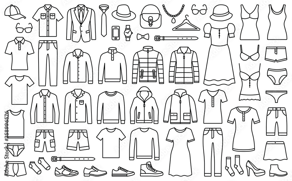 Woman and man clothes and accessories collection - fashion wardrobe - vector icon outline illustration Woman and man clothes and accessories collection - fashion wardrobe - vector icon outline illustration