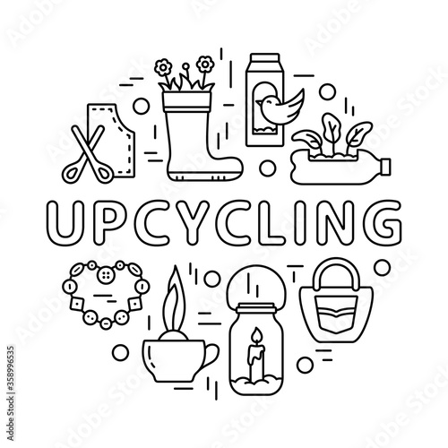 Upcycling contour round template for print bag, poster, banner. Reuse of waste, old things. DIY emblem. Environment concept. Line art icons with lettering. Black vector illustration, white background