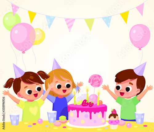 Happy children with cake and balloons at the Birthday party. Invitation poster 