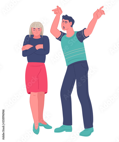Family conflict and problems in couple relationships concept. Arguing and quarreling man and woman characters. Abuse in family and crisis in communication. Vector illustration isolated on white.