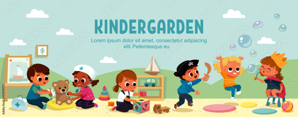 Kids play together in kindergarden. Playroom with children.