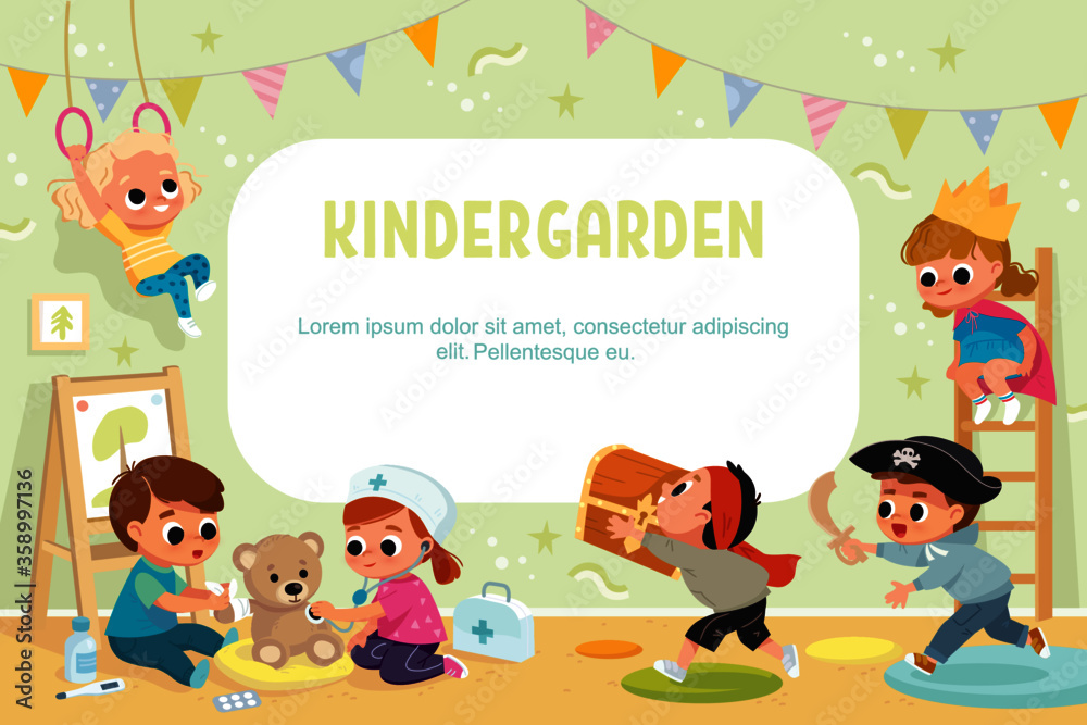 Fototapeta premium Children play in kinder garden. Preschool kids have fun.