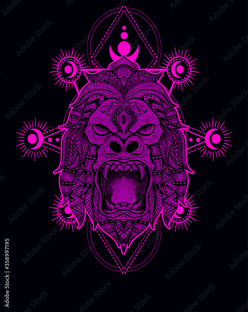Illustration vector gorilla head mandala style with sacred geometry. Illustration vector gorilla head mandala style with sacred geometry.