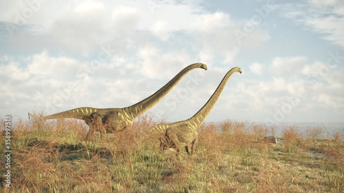 3d rendering of the walking and grazing mamenchisaurus dinosaur photo