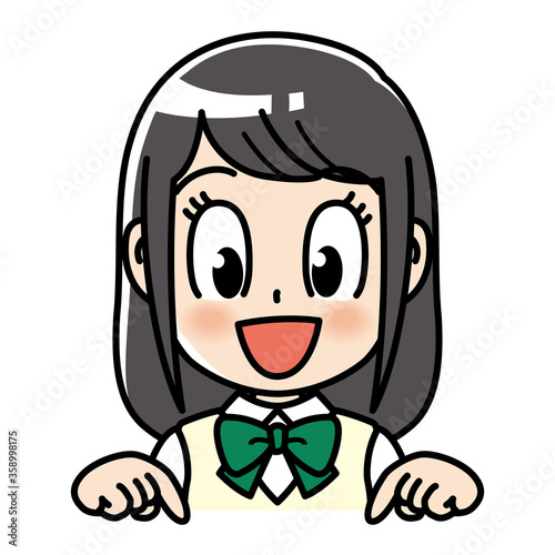 高校生　女子　女子高生　案内　こちら　指差し　 勉強　制服　学生　中学生　中高生　生徒　教育　学校　スクール　授業　学習　勉強　予備校　塾　試験　受験生　受験　夏期講習　夏服　10代　学生服　半袖　かわいい　若い　女子　女の子　女性　女子学生　女　アニメ　マンガ　まんが　漫画　キャラクター　元気　manga