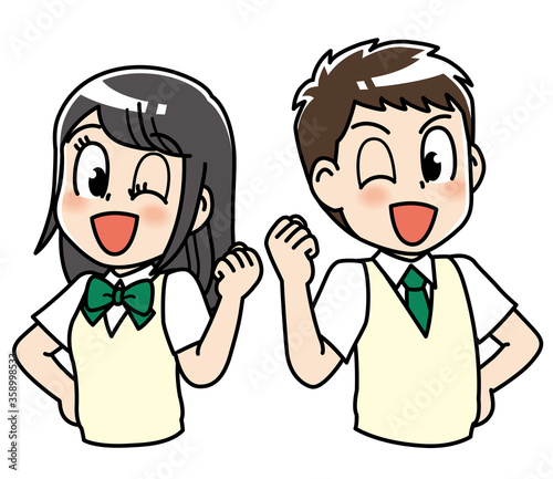 高校生　男女　セット　ガッツポーズ　中学生　制服　学生　中高生　生徒　ウインク　教育　学校　スクール　授業　学習　勉強　予備校　塾　試験　受験生　受験　夏期講習　夏服　10代　学生服　半袖　かわいい　若い　男　女　男の子　女服　男子学生　女子学生　男性　女性　アニメ　マンガ　まんが　元気
漫画　キャラクター　manga