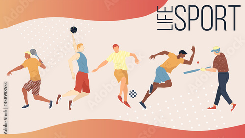 Sport Active Games Concept. Group of People Performing Sports Activities Outdoors, Playing Ball Games Like Basketball Football, Baseball, Tennis And Running Sprint. Flat Style. Vector Illustration