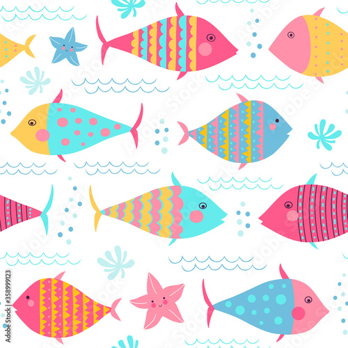 Seamless vector pattern with cute fishes in bright colors.