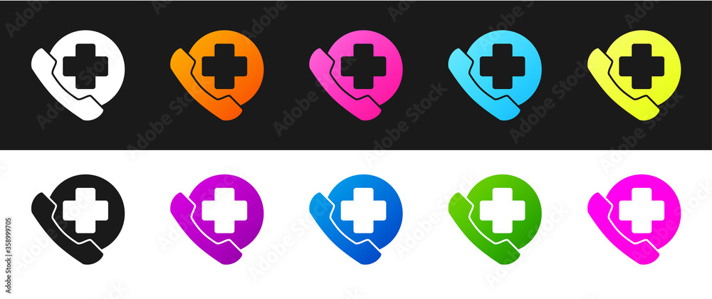 Set Emergency phone call to hospital icon isolated on black and white background. Vector Illustration.