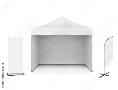 Pop-up marquee tent with event flag and roll-up banner stand, vector mockup. Exhibition set. Blank white template for business branding design