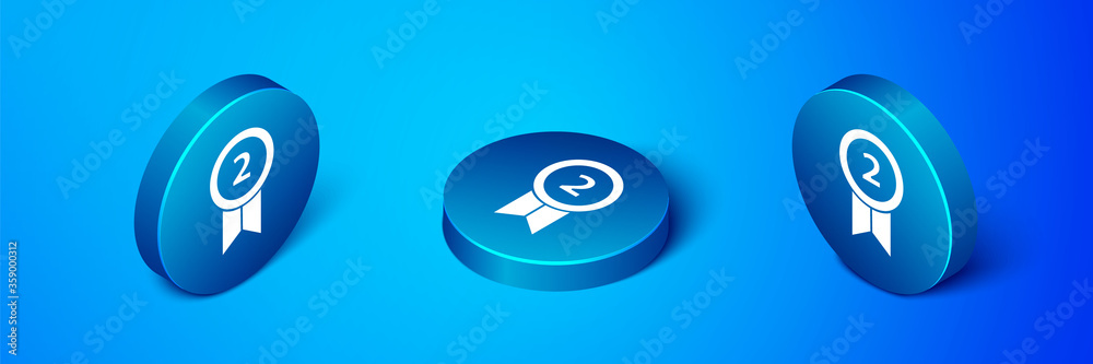 Isometric Medal icon isolated on blue background. Winner achievement sign. Award medal. Blue circle button. Vector Illustration. Isometric Medal icon isolated on blue background. Winner achievement sign. Award medal. Blue circle button. Vector Illustration.