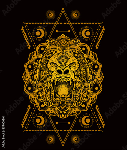 Illustration vector gorilla head mandala style with sacred geometry.