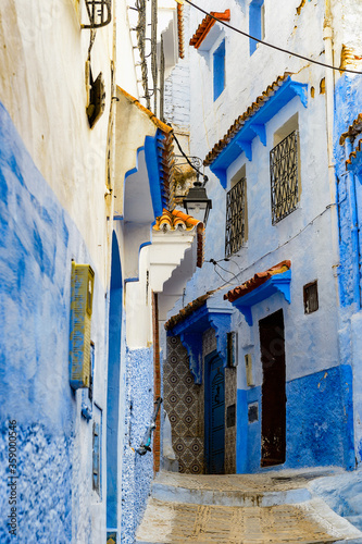 It s Blue wall of Chefchaouen  small town in northwest Morocco famous by its blue buildings