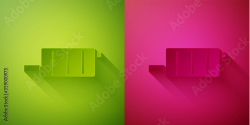 Paper cut Car muffler icon isolated on green and pink background. Exhaust pipe. Paper art style. Vector Illustration.