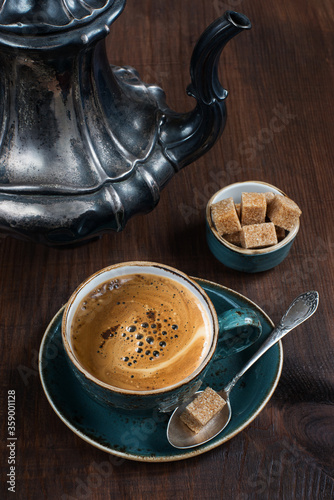 Black coffee and cane sugar