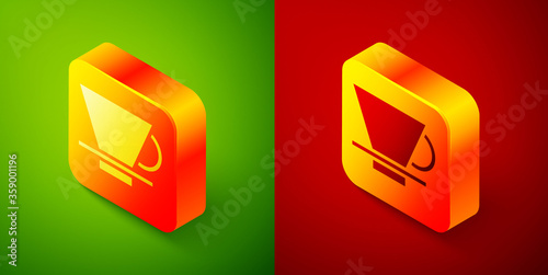 Isometric V60 coffee maker icon isolated on green and red background. Square button. Vector Illustration.