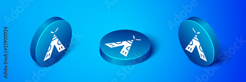 Isometric Traditional indian teepee or wigwam icon isolated on blue background. Indian tent. Blue circle button. Vector Illustration.