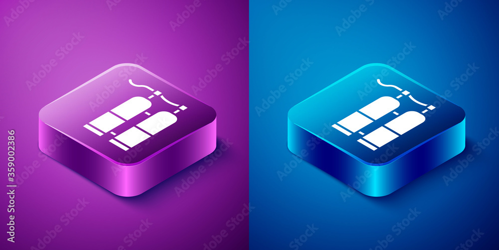 Isometric Aqualung icon isolated on blue and purple background. Oxygen tank for diver. Diving equipment. Extreme sport. Sport equipment. Square button. Vector Illustration. Isometric Aqualung icon isolated on blue and purple background. Oxygen tank for diver. Diving equipment. Extreme sport. Sport equipment. Square button. Vector Illustration.