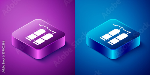 Isometric Aqualung icon isolated on blue and purple background. Oxygen tank for diver. Diving equipment. Extreme sport. Sport equipment. Square button. Vector Illustration.