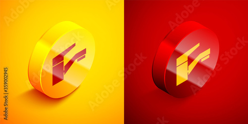 Isometric Water tap icon isolated on orange and red background. Circle button. Vector Illustration.