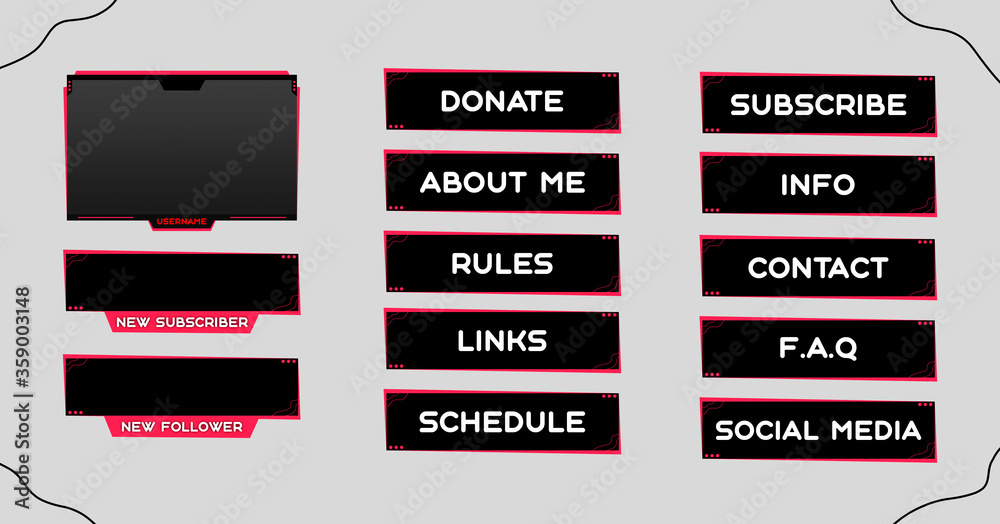 Twitch set of modern gaming panels and overlays for live streamers