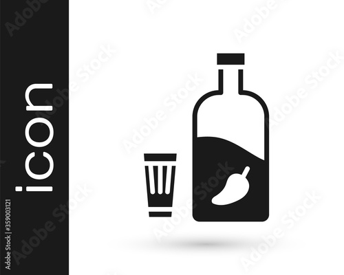 Grey Vodka with pepper and glass icon isolated on white background. Ukrainian national alcohol. Vector Illustration.