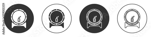 Black Wooden barrel on rack with stopcock icon isolated on white background. Circle button. Vector Illustration.