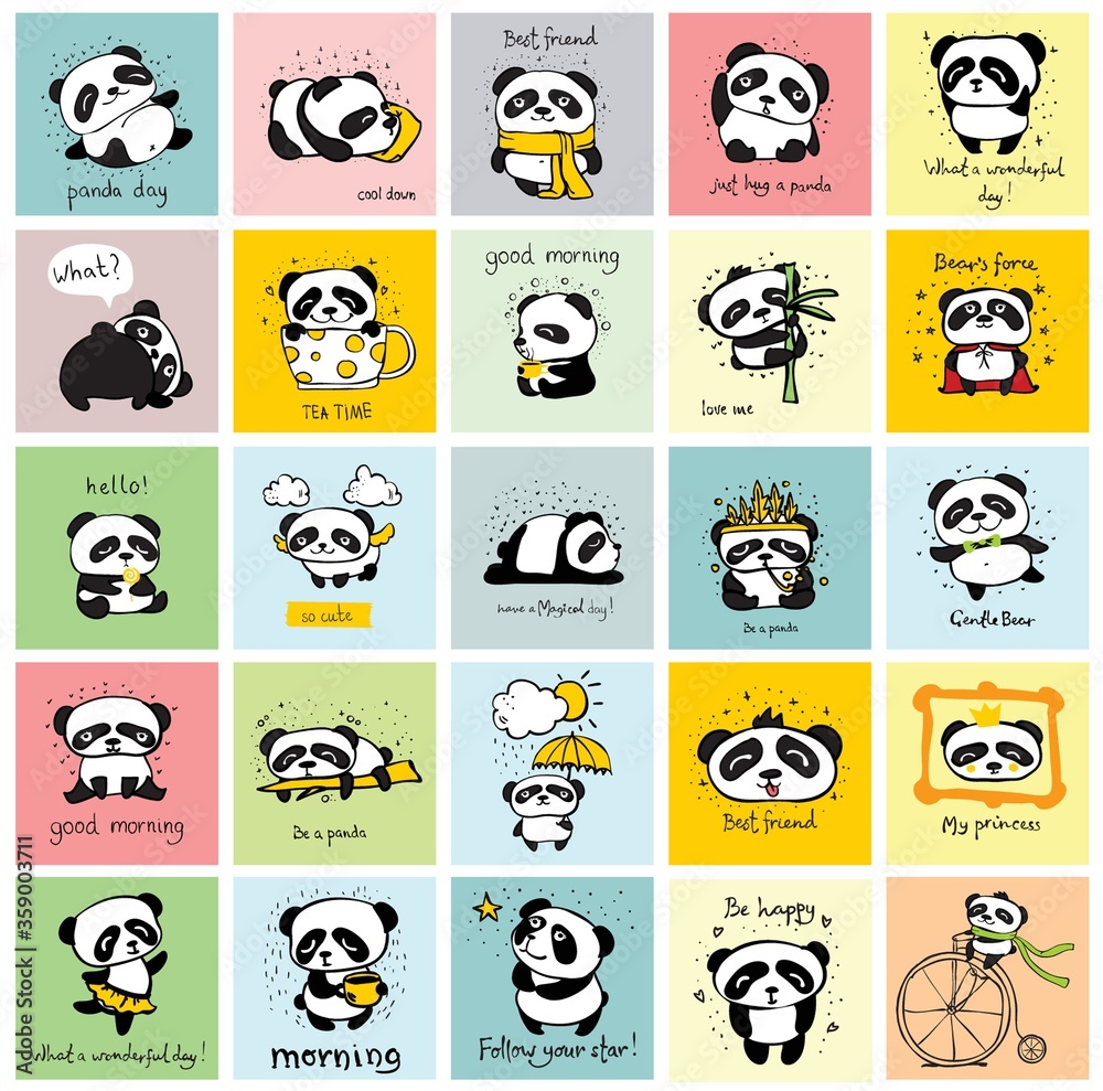 Big set of vector cards with cute pandas and funny lettering Big set of vector cards with cute pandas and funny lettering