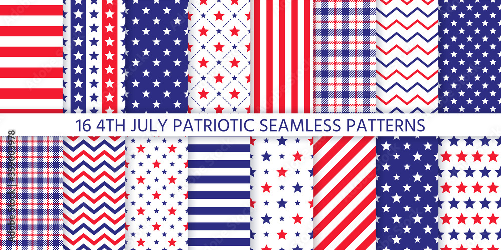 4th July seamless pattern. Patriotic prints. Vector. Happy independence day textures with stars, stripes, zigzag and plaid. Set of USA flag geometric backgrounds. Simple modern illustration. 4th July seamless pattern. Patriotic prints. Vector. Happy independence day textures with stars, stripes, zigzag and plaid. Set of USA flag geometric backgrounds. Simple modern illustration.
