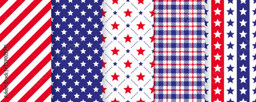 Patriotic seamless pattern. 4th July backgrounds. Vector. Happy independence textures. Set of holiday geometric prints with stars, stripes and plaid. Simple modern endless illustration.
