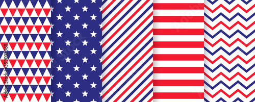 Patriotic seamless pattern. 4th July prints. Vector. Happy independence day textures. Set of USA flag geometric backgrounds with stars, stripes, zigzag and triangles. Simple modern illustration.