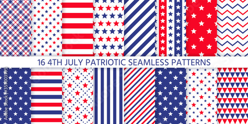 4th July seamless pattern. Patriotic textures. Vector. Happy independence day prints with stripes, stars, zigzag and triangles. Set of USA flag geometric backgrounds. Simple modern illustration.