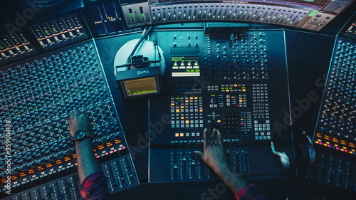 Cuadro en lienzo Audio Engineer, Musician, Artist Works in the Music Record Studio, Control Desk Mixer with Equalizer