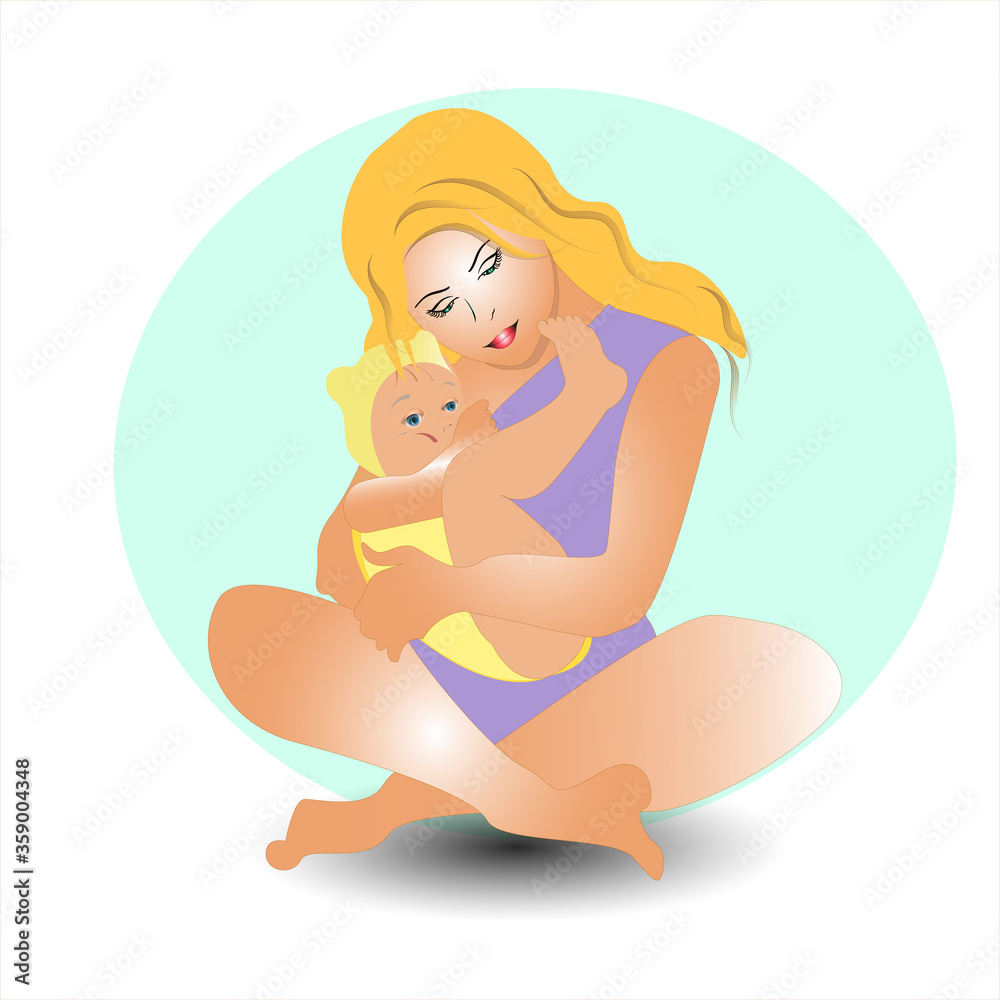 Girl gently hugs son daughter. A woman breastfeeds a child. Young mother with baby. vector flat ilustracation. Mother's Day. the benefit of breast milk. Girl gently hugs son daughter. A woman breastfeeds a child. Young mother with baby. vector flat ilustracation. Mother's Day. the benefit of breast milk.