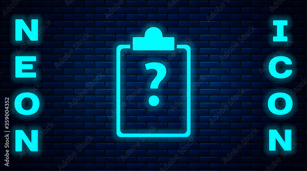 Glowing neon Clipboard with question marks icon isolated on brick wall background. Survey, quiz, investigation, customer support questions concepts. Vector Illustration. Glowing neon Clipboard with question marks icon isolated on brick wall background. Survey, quiz, investigation, customer support questions concepts. Vector Illustration.